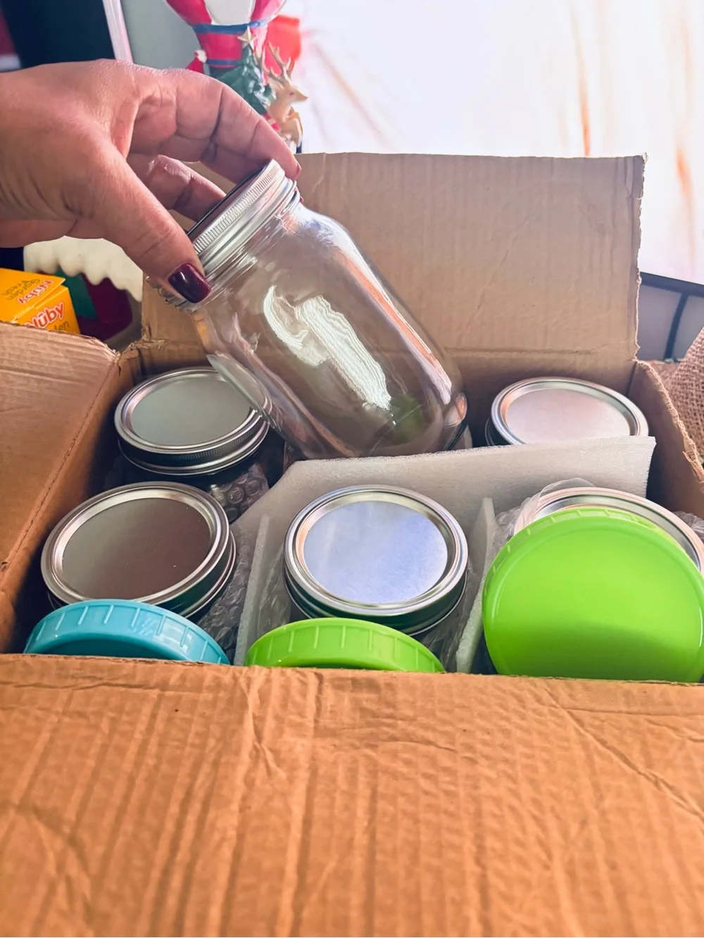 Reusable Glass Storage Jars with Bright Green and Blue Lids - Set of 6